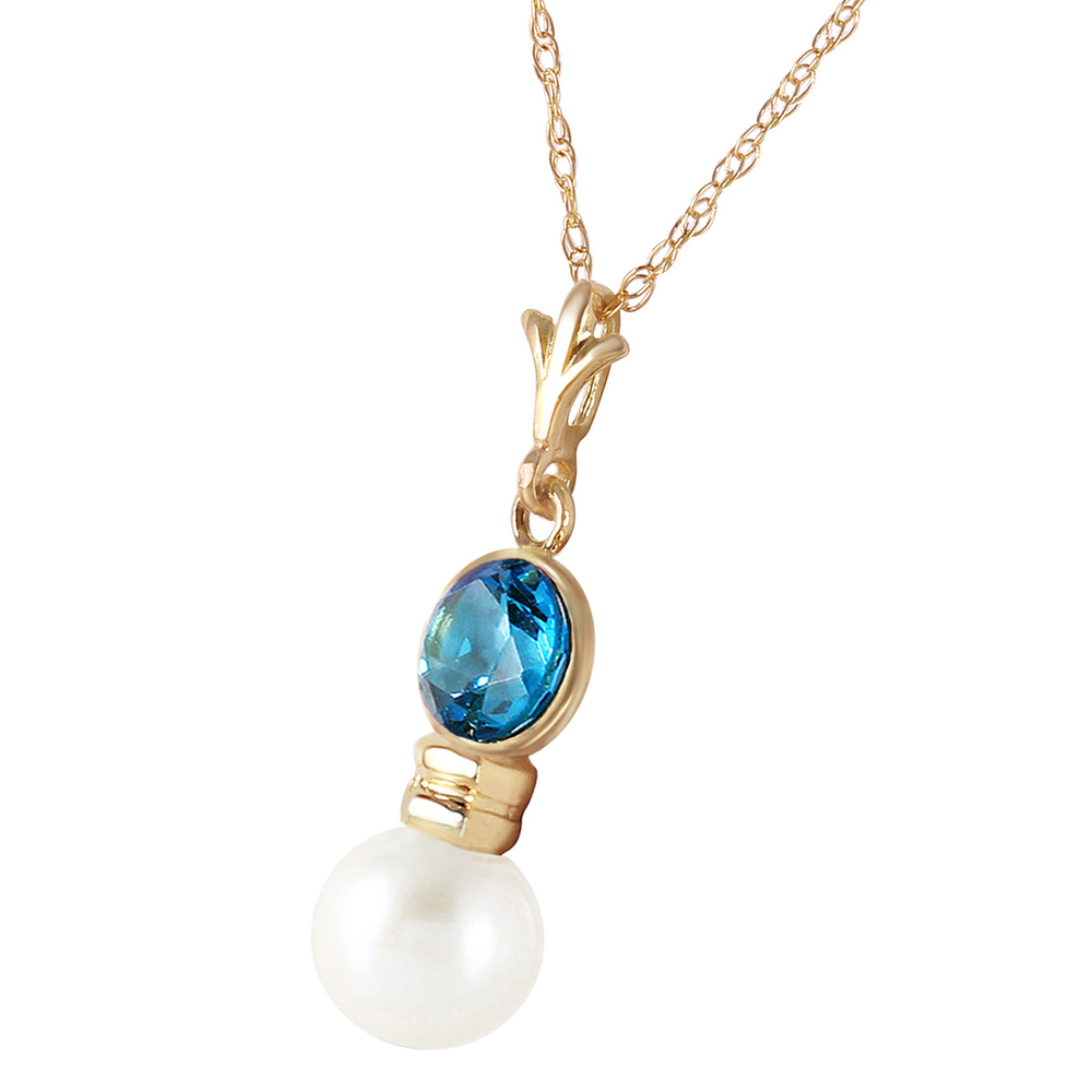 14K. SOLID GOLD NECKLACE WITH BLUE TOPAZ & PEARL (Yellow Gold) - Picture 2 of 2